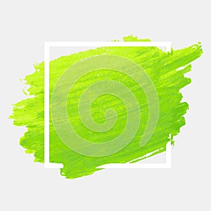 Green watercolor stroke with white frame. Grunge abstract background brush paint texture