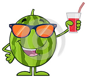 Green Watermelon Fresh Fruit Cartoon Mascot Character With Sunglasses Presenting And Holding Up A Glass Of Juice