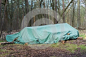 A green waterproof tarpaulin protecting chopped tree logs