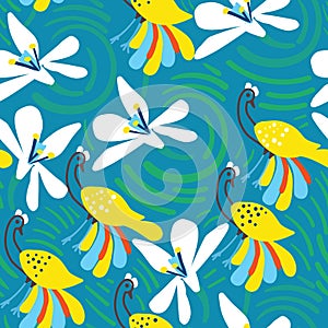 Green watery waves, flowers and whimsical peacock seamless pattern background design.