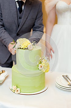 Green wedding cake decorated