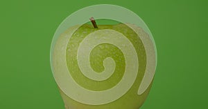 Green wet apple rotates hanging on a green background, isolated.