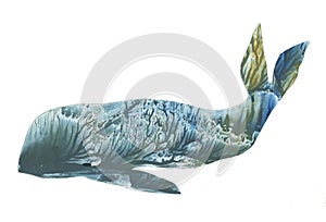 Green whale with a large tail, illustration watercolor