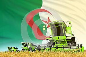 green wheat agricultural combine harvester on field with Algeria flag background, food industry concept - industrial 3D