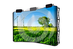 Green Wheat Field With Tree, Blue Sky And Wind Wheels In Background - Wind Turbines Generating Electricity - Advertising Banner