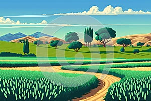 Green wheat fields, extensive agriculture landscape in Spain