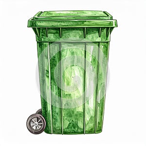 Green Wheeled Trash Can Watercolor Illustration