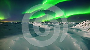 green and white aurora borealis gracefully swirling and illuminating the night sky above a majestic snowy mountain, A dramatic