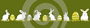 Green and White Easter Fun: Vector Banner with Bunny and Egg Silhouettes - Happy Holiday Illustration Set
