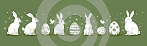 Green and White Easter Fun: Vector Silhouettes of Bunny and Egg in Happy Holiday Illustration Set