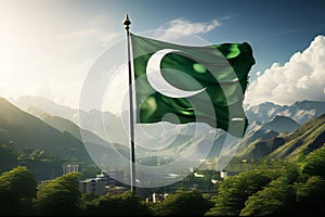 A green and white flag with crescent moon is flying in the air