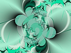 Green white flowery fractal, fractal fantasy shapes contrasts lights, sparkling petals, fractal, abstract background
