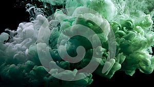 Green and white ink diffusing in water, forming swirling clouds.