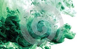 Green and white ink diffusing in water, forming swirling clouds.
