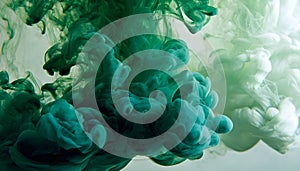 Green and white ink diffusing in water, forming swirling clouds.