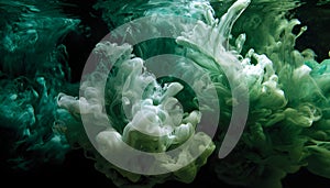 Green and white ink diffusing in water, forming swirling clouds.