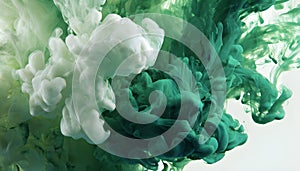 Green and white ink diffusing in water, forming swirling clouds.