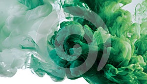 Green and white ink diffusing in water, forming swirling clouds.