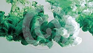 Green and white ink diffusing in water, forming swirling clouds.