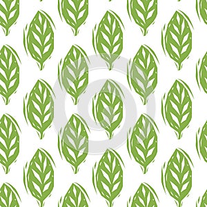 Green and white linocut leaves seamless pattern, vector