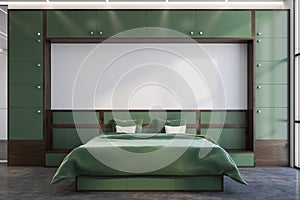 Green and white master bedroom interior