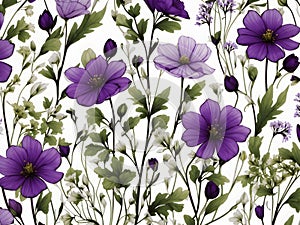 Green, White, and purple wildflower patterns. AI-Generated.