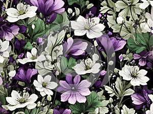 Green, White, and purple wildflower patterns. AI-Generated.