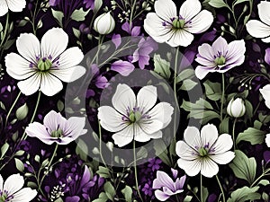 Green, White, and purple wildflower patterns. AI-Generated.