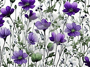 Green, White, and purple wildflower patterns. AI-Generated.