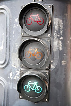 Green white red lamps for bycicle lane