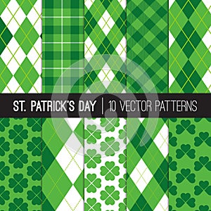 St Patrick`s Day Green Shamrocks, Argyle and Tartan Plaid Seamless Vector Patterns photo