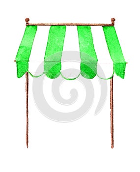 Green and white striped awning for a store, cafe, street restaurant, market. One single object, front view. A hand-drawn photo