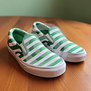 Green And White Striped Vans Slippers With Geometric Optical Illusions