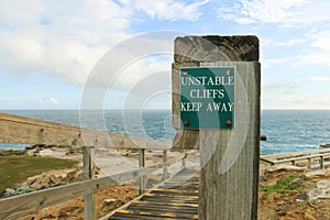 Unstable Cliffs Keep Away warning sign on a wood