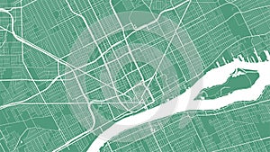 Green and white vector background map, Detroit city area streets and water cartography illustration
