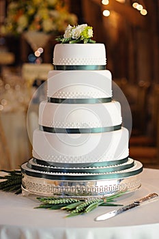 Green and white wedding cake.