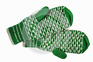 Green and white woolen mittens