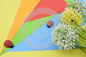 Green, white and yellow flower on orange, red, blue and green background give romantic look concept with two ladybird