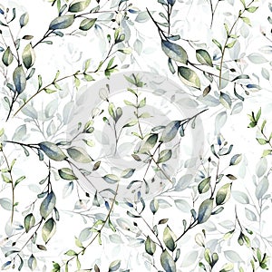 Green wild twigs and branches with leaves. Watercolor floral seamless pattern.