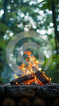 Green wilderness setting Campfire crackles amid lush foliage