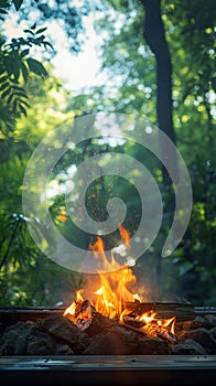 Green wilderness setting Campfire crackles amid lush foliage