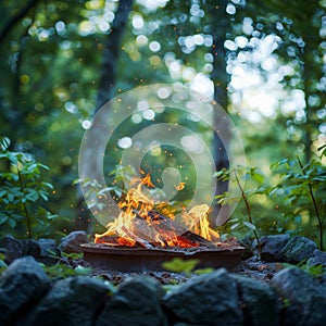 Green wilderness setting Campfire crackles amid lush foliage