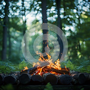 Green wilderness setting Campfire crackles amid lush foliage