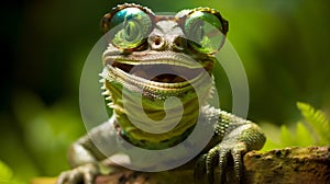 green wildlife scale close-up portrait animal reptile glasses iguana lizard. Generative AI.