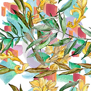 Green willow branches. Watercolor background illustration set. Seamless background pattern.