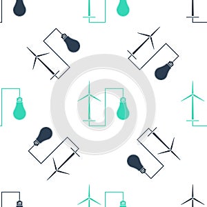 Green Wind mill turbine generating power energy and bulb icon isolated seamless pattern on white background. Natural