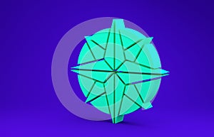 Green Wind rose icon isolated on blue background. Compass icon for travel. Navigation design.  3d illustration 3D render