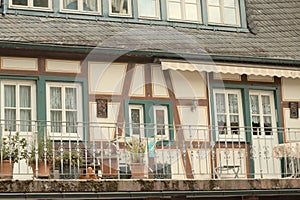 Green windows of an half timbered house Germany, Europe