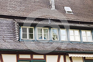 Green windows of an half timbered house Germany, Europe