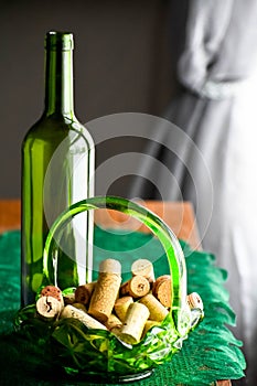 Green Wine Bottle  Wine Corks in Green Glass Basket